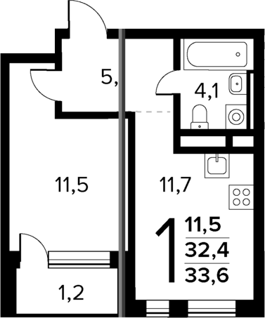 Планировка — Новые Ватутинки Квартал у реки, 1-комн., 32 м²