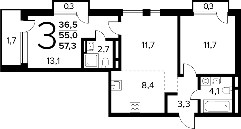 Планировка — Новые Ватутинки Квартал у реки, 3-комн., 55 м²