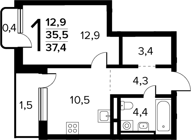Планировка — Новые Ватутинки Квартал у реки, 1-комн., 36 м²