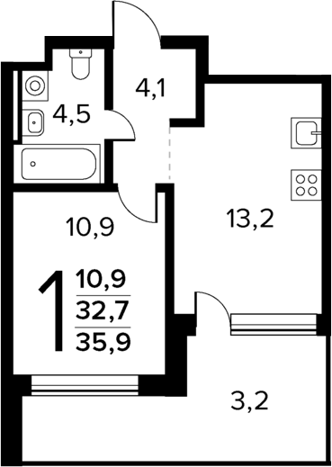 Планировка — Новые Ватутинки Квартал у реки, 1-комн., 33 м²