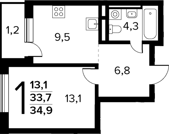 Планировка — Новые Ватутинки Квартал у реки, 1-комн., 34 м²