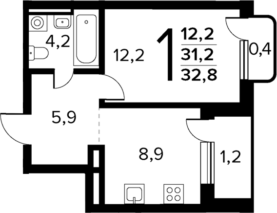 Планировка — Новые Ватутинки Квартал у реки, 1-комн., 31 м²