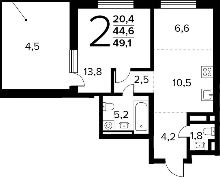 Планировка — Новые Ватутинки Квартал у реки, 2-комн., 45 м²