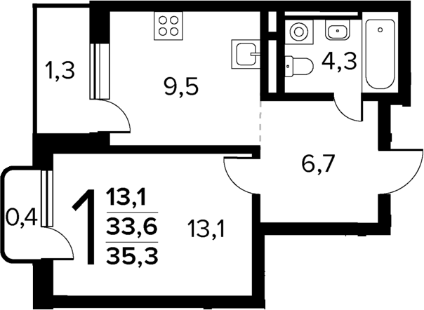 Планировка — Новые Ватутинки Квартал у реки, 1-комн., 34 м²