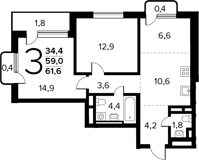 Планировка — Новые Ватутинки Квартал у реки, 3-комн., 59 м²