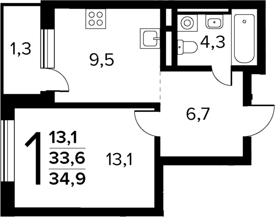 Планировка — Новые Ватутинки Квартал у реки, 1-комн., 34 м²