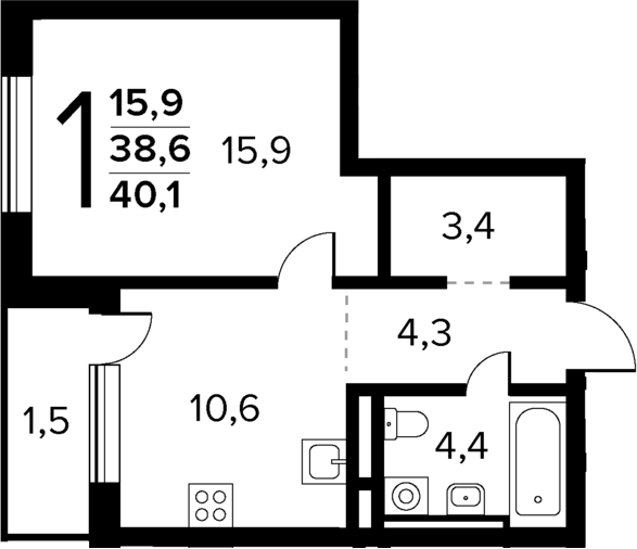Планировка — Новые Ватутинки Квартал у реки, 1-комн., 39 м²