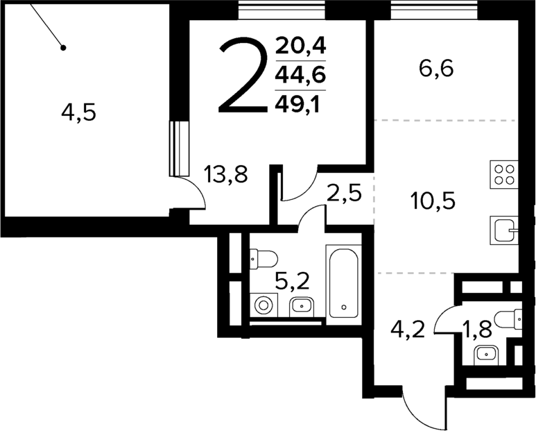 Планировка — Новые Ватутинки Квартал у реки, 2-комн., 45 м²
