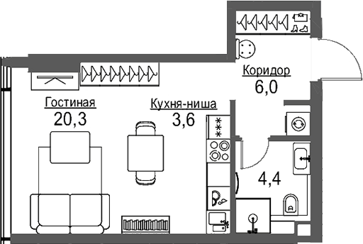 Планировка — Слава, Студия, 34 м²