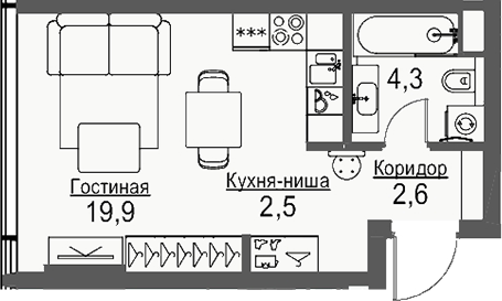 Планировка — Слава, Студия, 29 м²