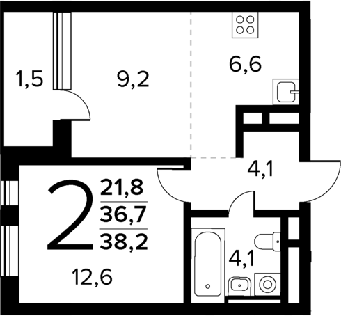 Планировка — Новые Ватутинки Квартал у реки, 2-комн., 37 м²