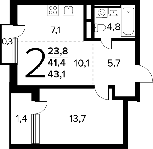 Планировка — Новые Ватутинки Квартал у реки, 2-комн., 41 м²
