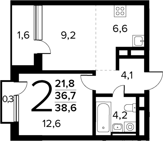 Планировка — Новые Ватутинки Квартал у реки, 2-комн., 37 м²