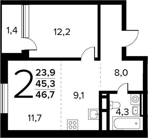 Планировка — Новые Ватутинки Квартал у реки, 2-комн., 45 м²