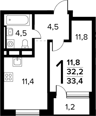 Планировка — Новые Ватутинки Квартал у реки, 1-комн., 32 м²