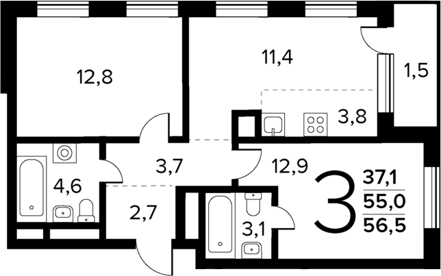 Планировка — Новые Ватутинки Квартал у реки, 3-комн., 55 м²