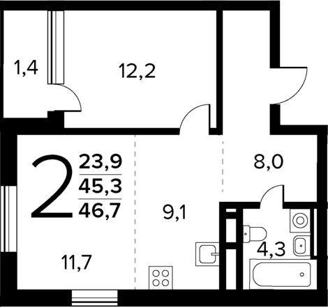 Планировка — Новые Ватутинки Квартал у реки, 2-комн., 45 м²