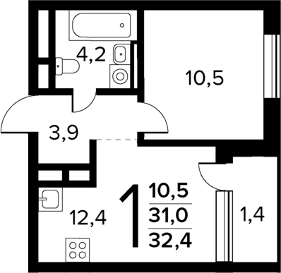Планировка — Новые Ватутинки Квартал у реки, 1-комн., 31 м²