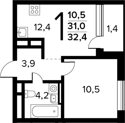 Планировка — Новые Ватутинки Квартал у реки, 1-комн., 31 м²