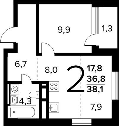 Планировка — Новые Ватутинки Квартал у реки, 2-комн., 37 м²