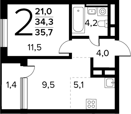 Планировка — Новые Ватутинки Квартал у реки, 2-комн., 34 м²