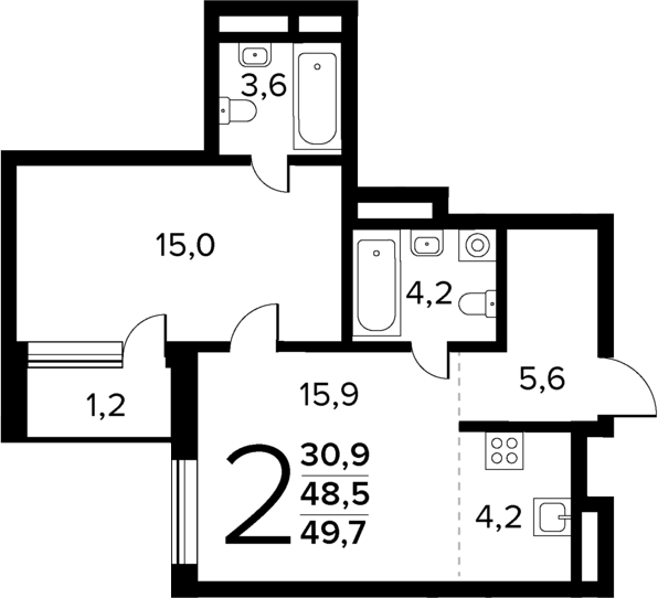 Планировка — Новые Ватутинки Квартал у реки, 2-комн., 49 м²