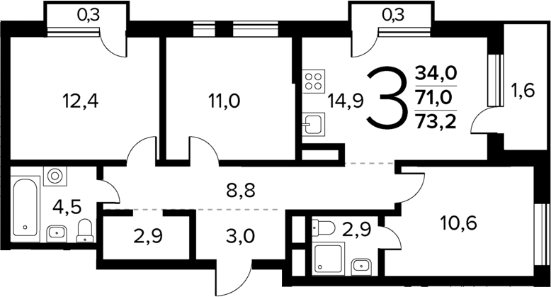 Планировка — Новые Ватутинки Квартал у реки, 3-комн., 71 м²