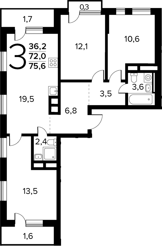 Планировка — Новые Ватутинки Квартал у реки, 3-комн., 72 м²