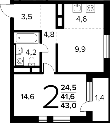 Планировка — Новые Ватутинки Квартал у реки, 2-комн., 42 м²