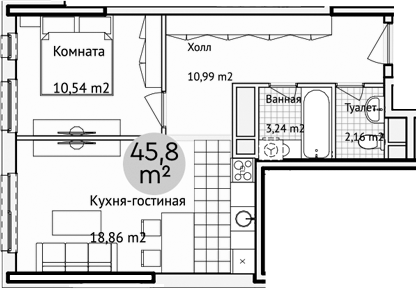 Планировка — Адрес, 2-комн., 46 м²