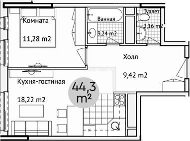 Планировка — Адрес, 2-комн., 44 м²