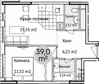 Планировка — Адрес, 2-комн., 39 м²