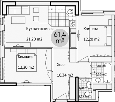 Планировка — Адрес, 3-комн., 61 м²