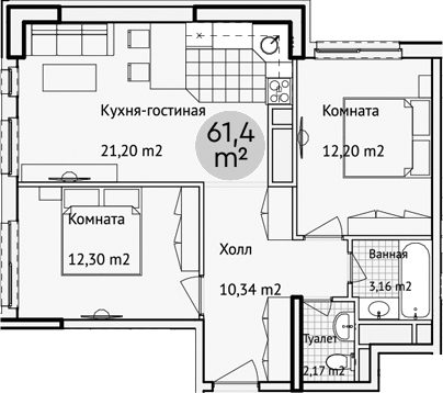 Планировка — Адрес, 3-комн., 61 м²
