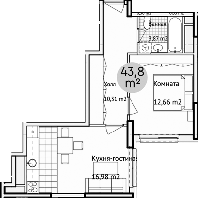 Планировка — Адрес, 2-комн., 44 м²