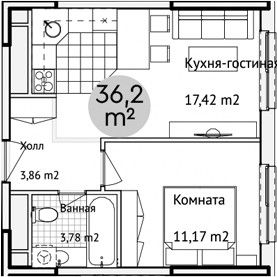 Планировка — Адрес, 2-комн., 36 м²