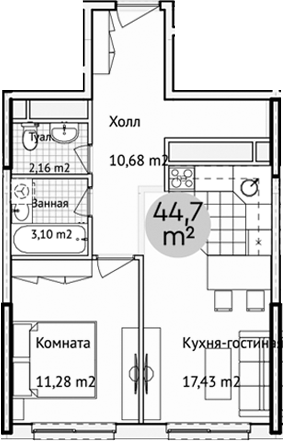 Планировка — Адрес, 2-комн., 45 м²