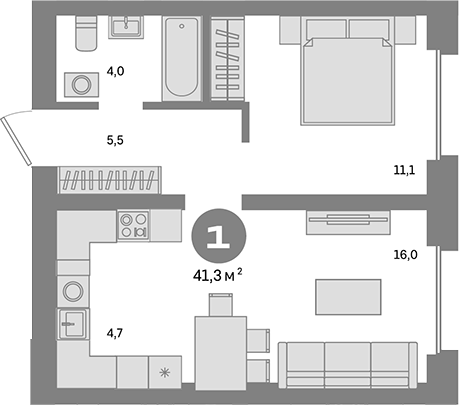 Планировка — Метроном, 1-комн., 41 м²