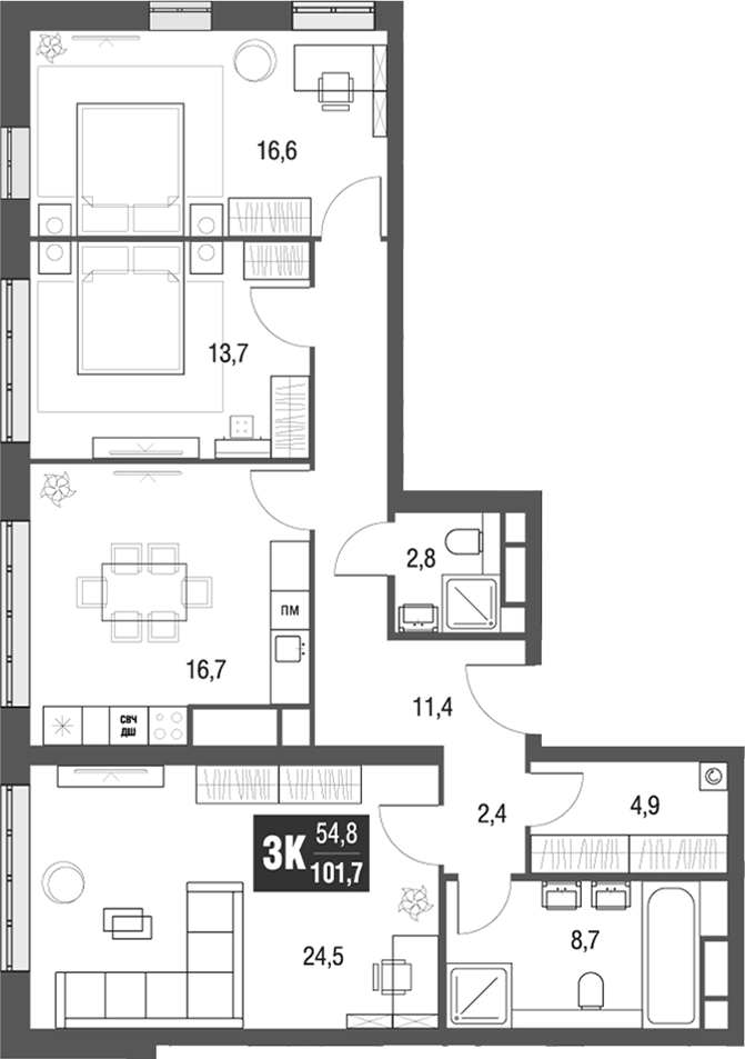 Планировка — AFI Tower, 3-комн., 102 м²