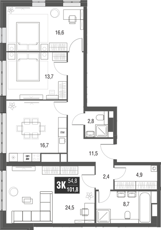 Планировка — AFI Tower, 3-комн., 102 м²