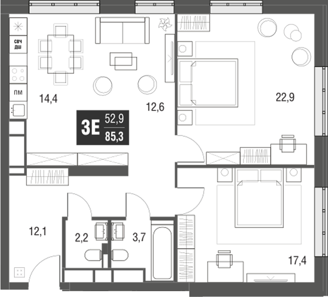 Планировка — AFI Tower, 3-комн., 85 м²