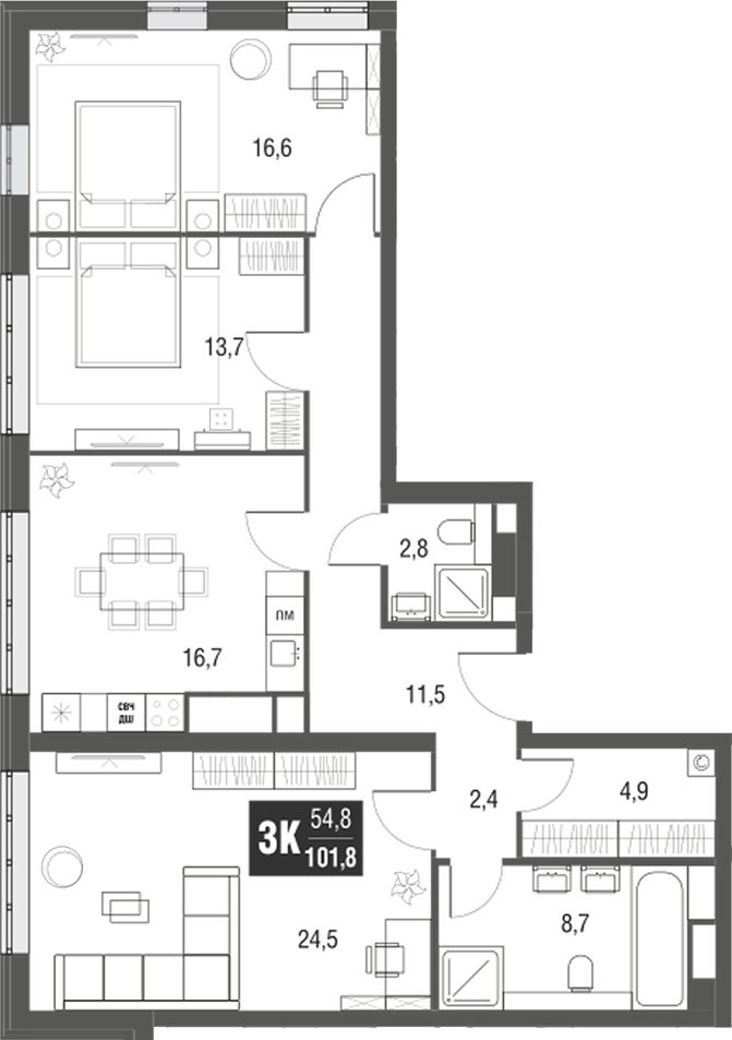 Планировка — AFI Tower, 3-комн., 102 м²
