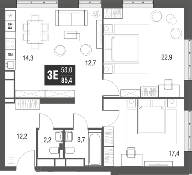 Планировка — AFI Tower, 3-комн., 85 м²