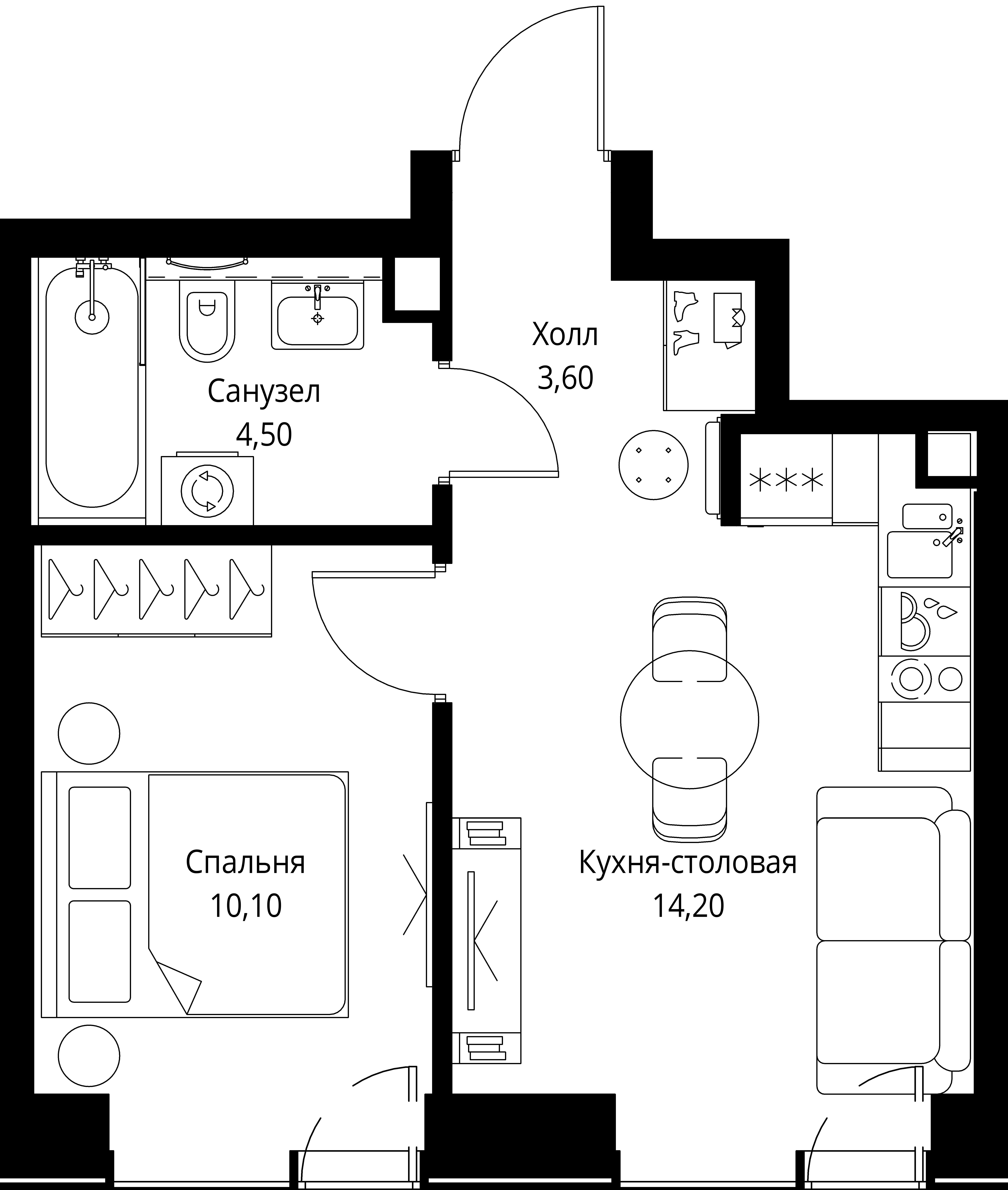 Планировка — Веер, 2-комн., 32 м²