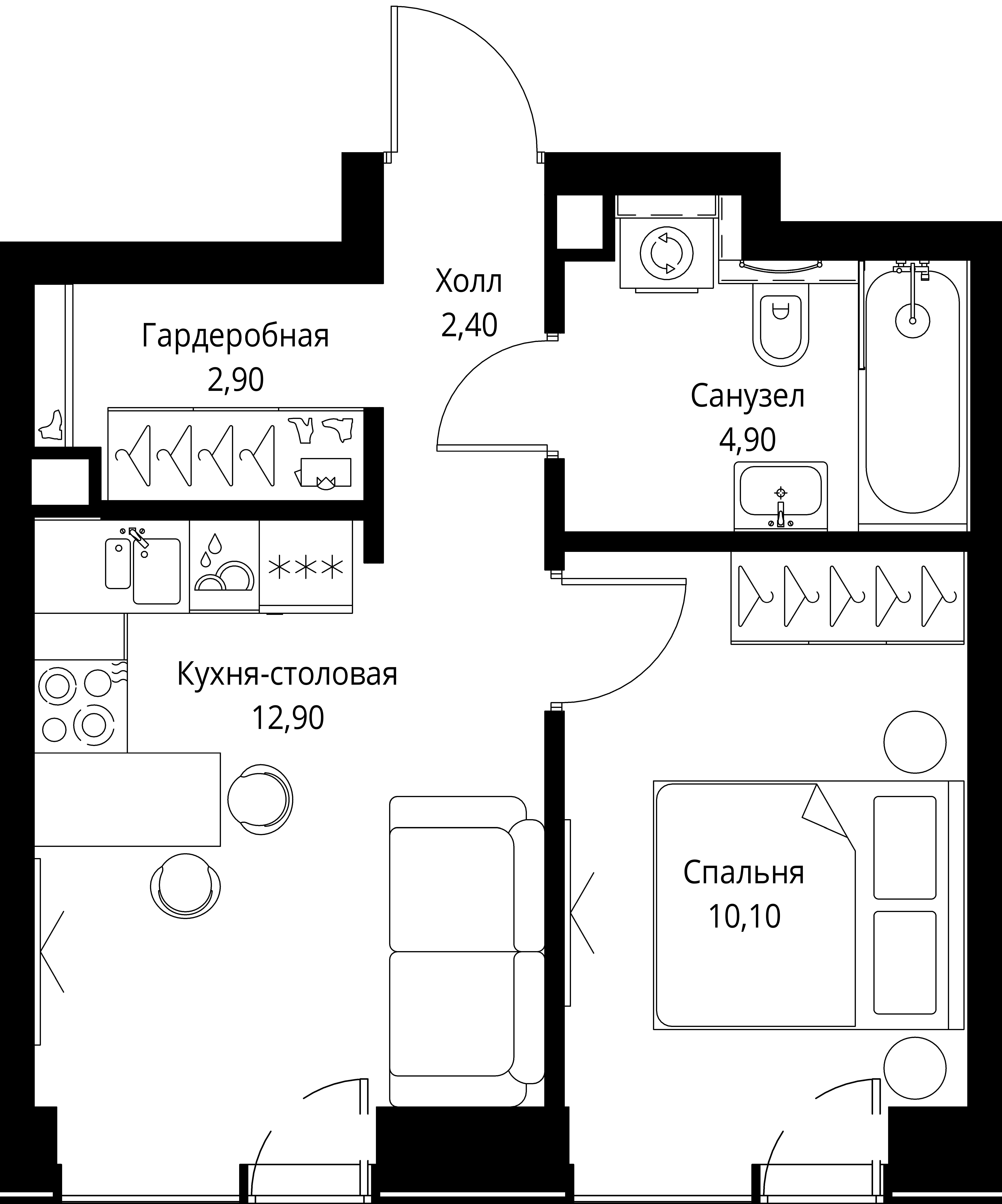 Планировка — Веер, 2-комн., 33 м²