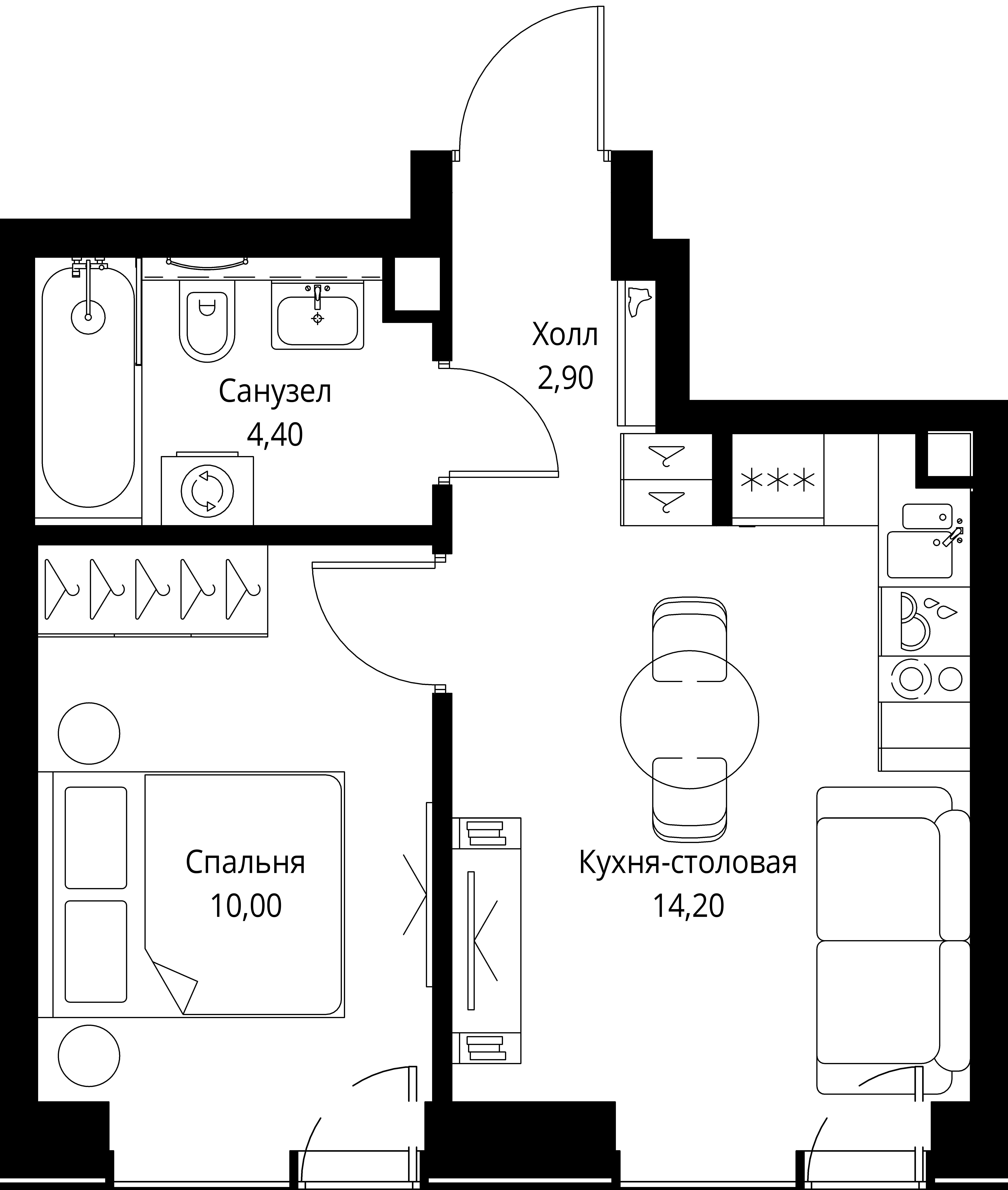 Планировка — Веер, 2-комн., 32 м²