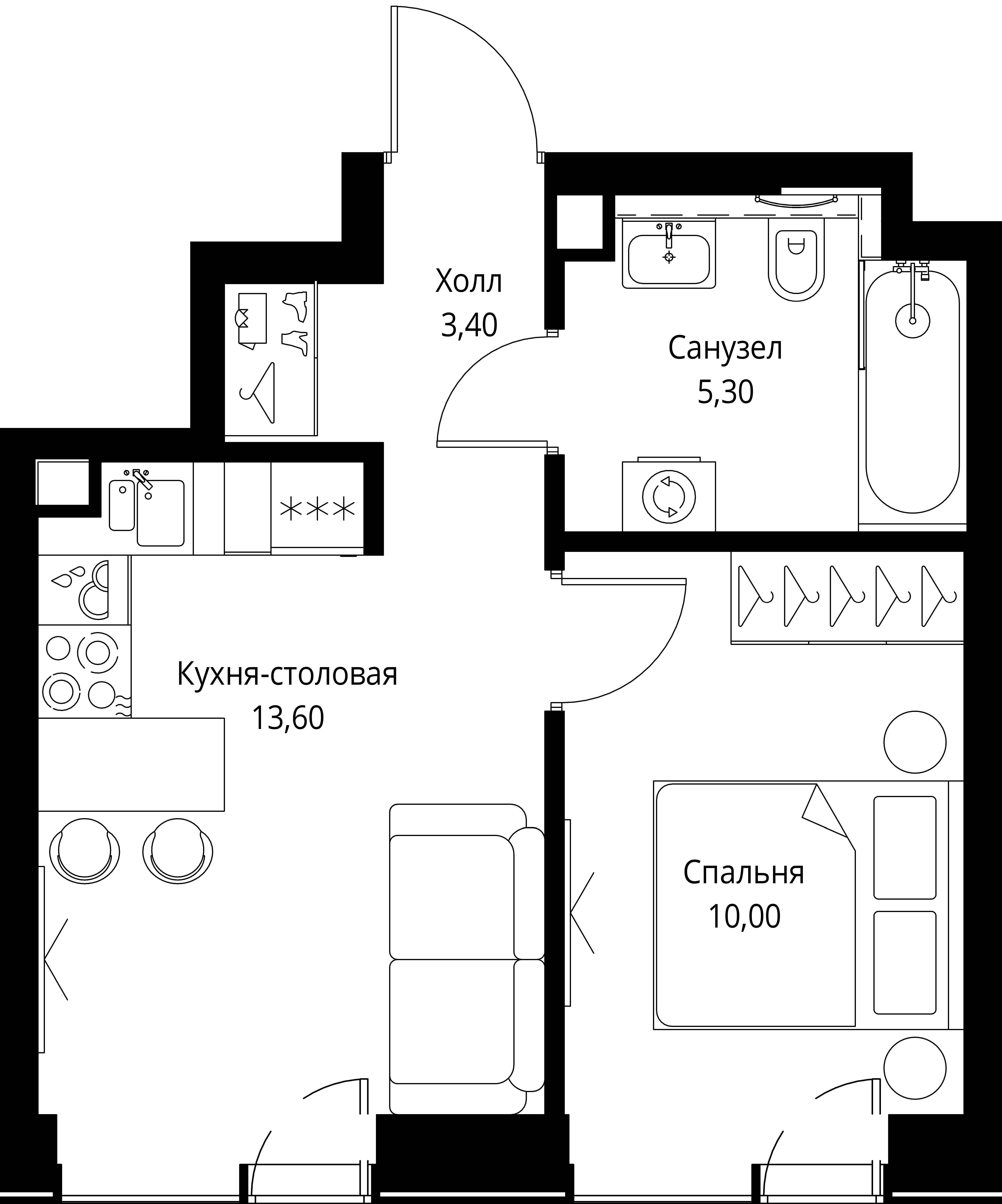 Планировка — Веер, 2-комн., 32 м²