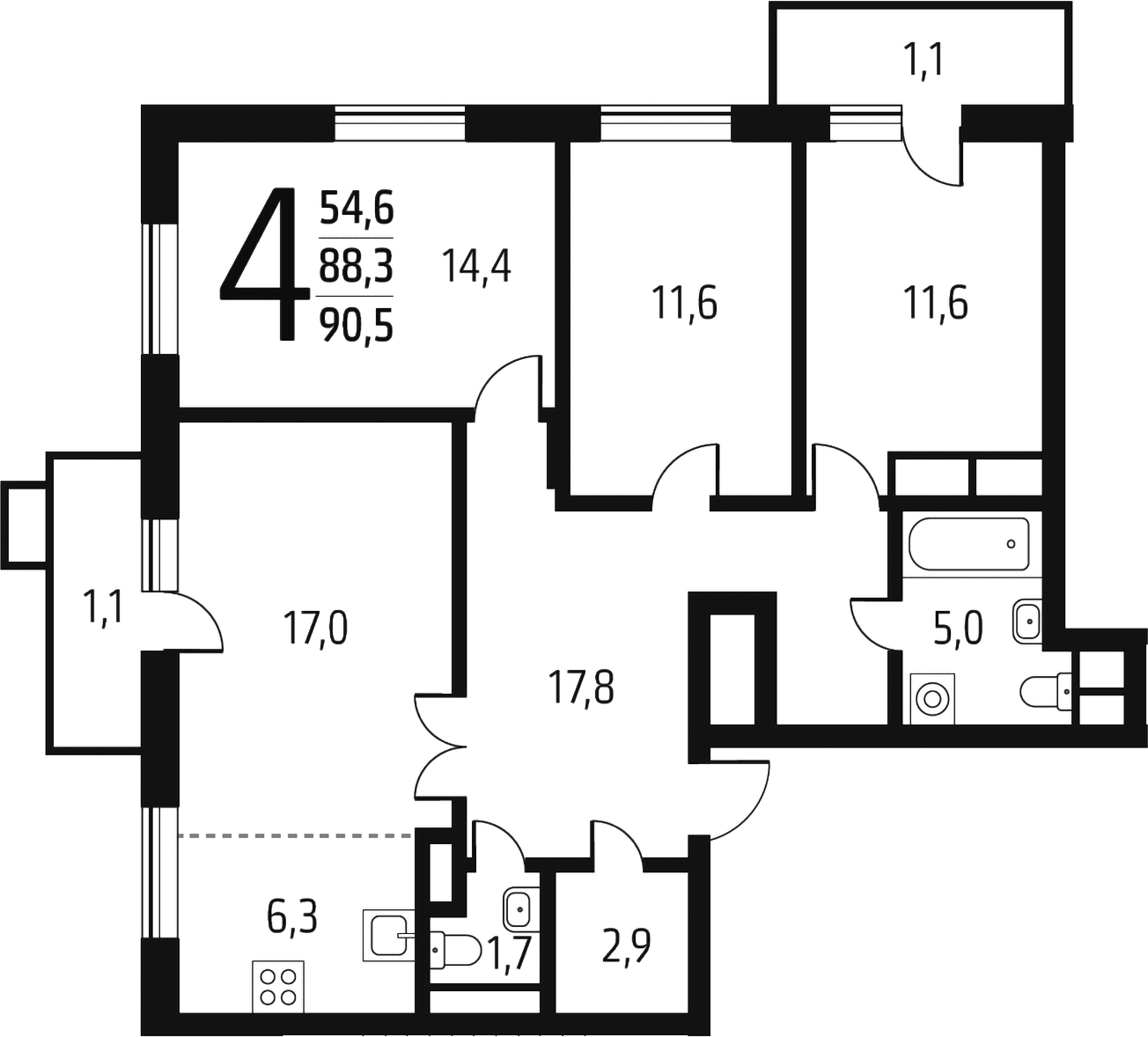 Планировка — Новые Ватутинки Заречный, 4-комн., 88 м²