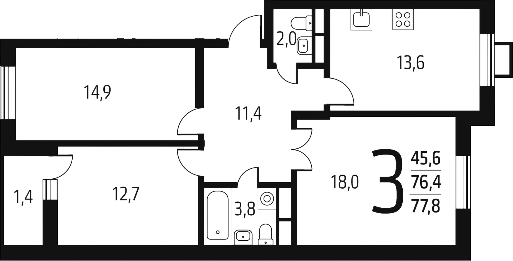 Планировка — Новые Ватутинки Заречный, 3-комн., 76 м²
