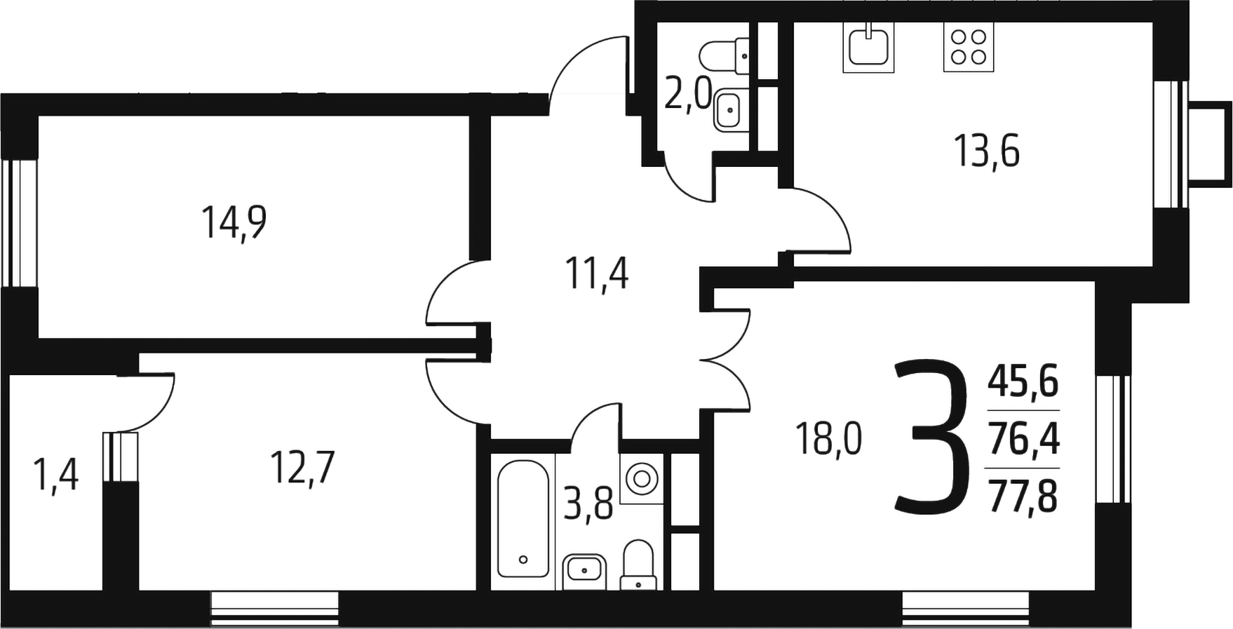 Планировка — Новые Ватутинки Заречный, 3-комн., 76 м²